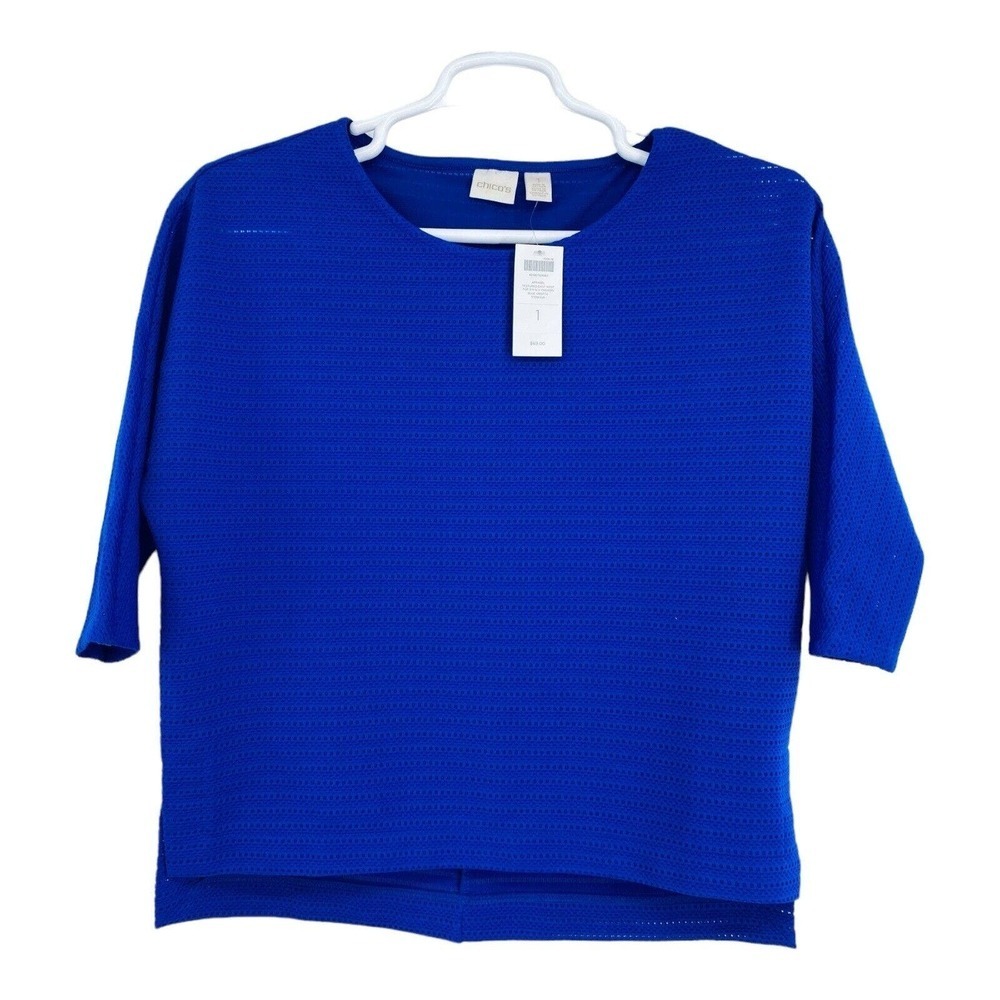 NEW Chico's East West Blue Short-Sleeve Round Neck Boxy T-Shirt, Size 1 NWT‎